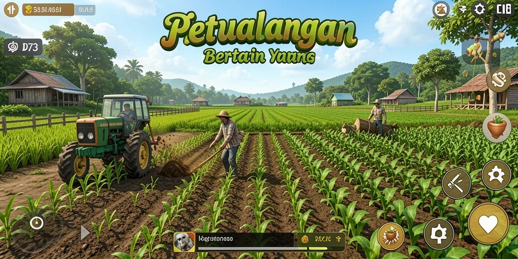 Screenshot D73 menampilkan aktivitas bertani yang seru dan menyenangkan.