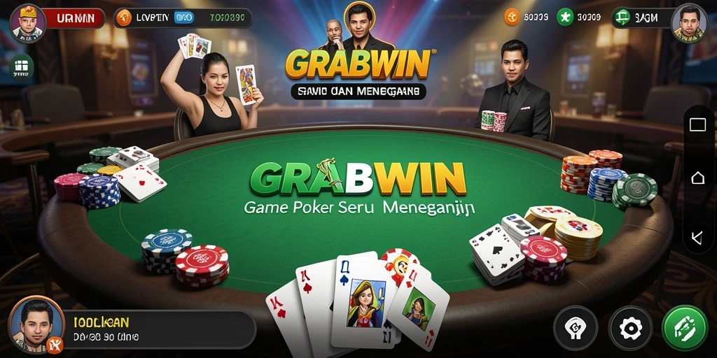 Screenshot gameplay Poker di GRABWIN menunjukkan suasana permainan yang intens.