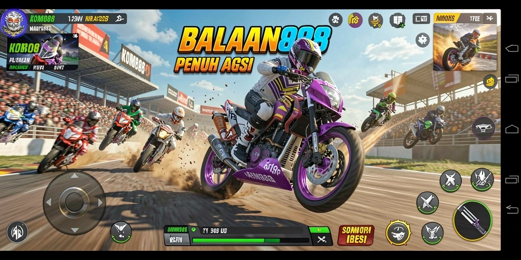 Screenshot gameplay KOMBO88 dengan balapan motor seru.