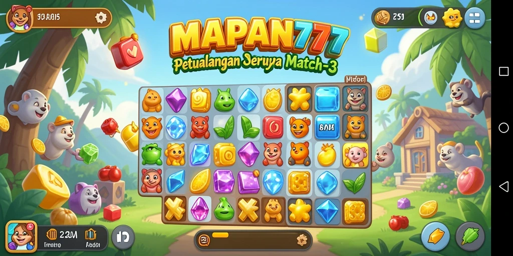 Screenshot utama MAPAN777 menunjukkan gameplay seru dan penuh warna dari permainan Match-3.