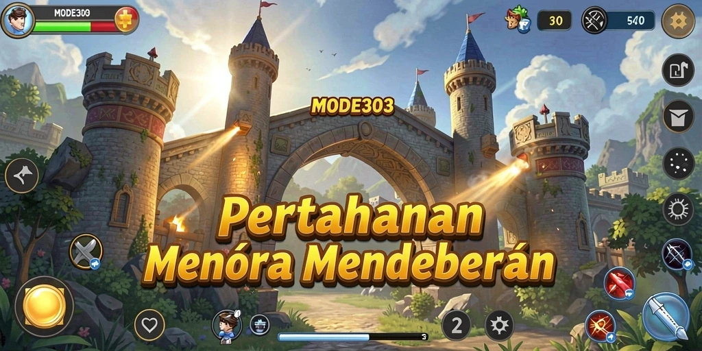 Screenshot gameplay yang menampilkan pertahanan menara yang strategis.