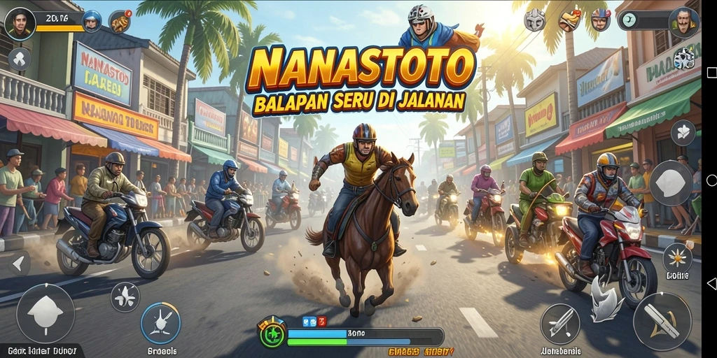 Tangkapan layar gameplay NANASTOTO menampilkan aksi balapan yang mendebarkan.