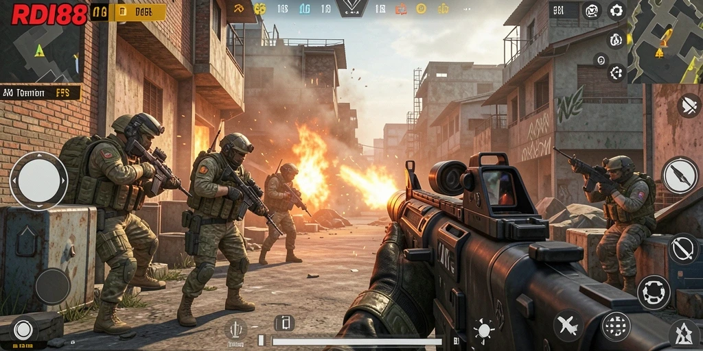 Tangkapan layar dari gameplay <strong>RDI88</strong> yang menunjukkan aksi tembak-menembak yang intens.